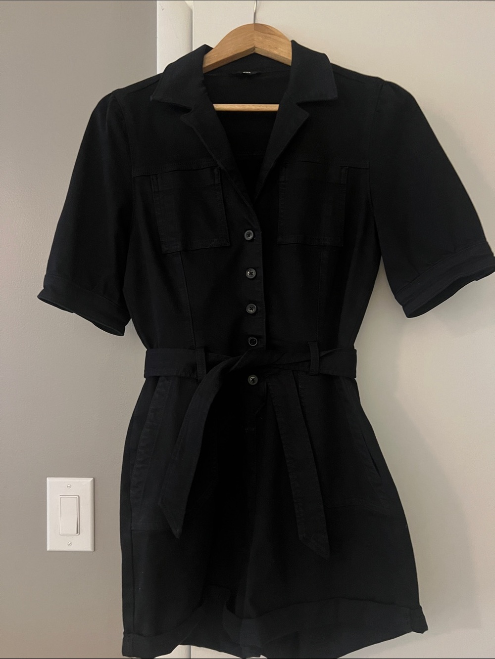 PAIGE Black Short-Sleeve Button-Front Utility Romper with Tie Waist
